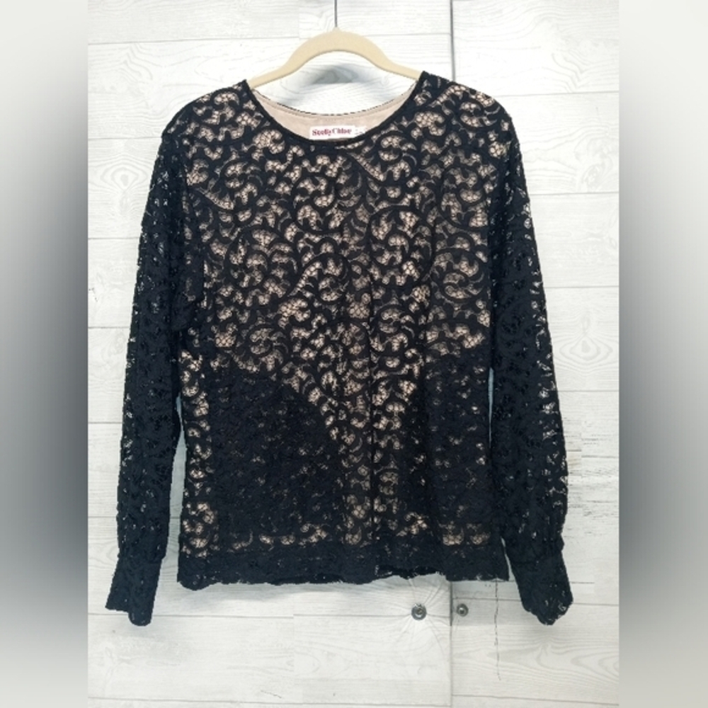 see by chloe women's size 8 black lace see through long sleeve top